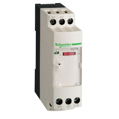 Nærbillede af Schneider Electric Zelio temperaturtransmitter RM PT, med synlig indstilling for 0-10V og 4-20mA udgang.