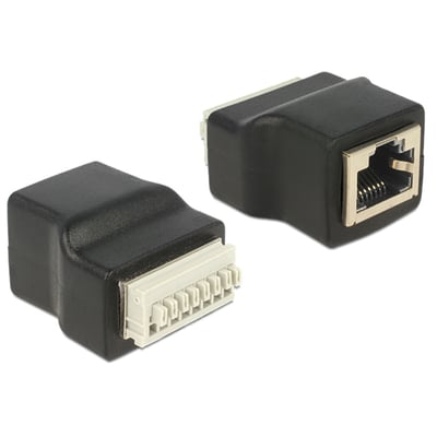 Sort DeLOCK RJ45-terminalbloksadapter med RJ45-hunstik og 8-polet terminalblok, vist fra begge ender.