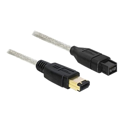 DeLock FireWire-kabel på 1 meter med sort kabel og 9-polet samt 6-polet hanstik, vist med begge ender.