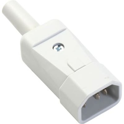 Martin Kaiser apparatstik 3P, lige, han, type 749 C14 med jordforbindelse i hvid plast på hvid baggrund.