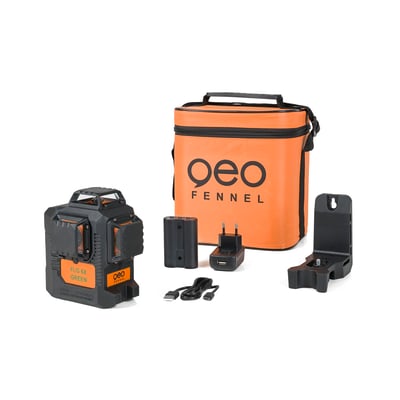 geo-Fennel FLG 6 krydslinjelaser med tilbehør: grøn laser, orange taske, batteri, oplader og vægbeslag.