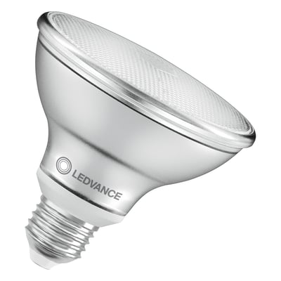 Bagside af Ledvance LED PAR30 E27 lyskilde, med synlig LEDVANCE logo og E27 fatning.