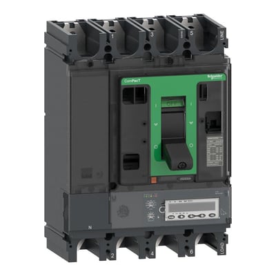 Detaljeret frontbillede af Schneider Electric ComPacT NSX400R maksimalafbryder, med synlig mærkat, digitalt display og betjeningshåndtag.