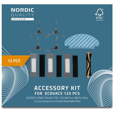 Nordic Quality 12-deles tilbehørssæt til Ecovacs robotstøvsugere med hovedbørste, sidebørster og filtre.