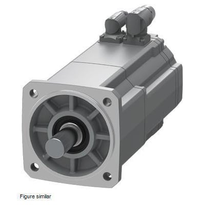 Siemens Simotics S-1FK2 CT servomotor med cylinderformet aksel, holdebremse og IP64-beskyttelse. Billedet viser motorens frontflange og tilslutningsenheder.
