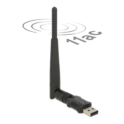 Sort DeLOCK trådløst USB-netværkskort med ekstern antenne og USB-stik, vist med 11ac-signal.
