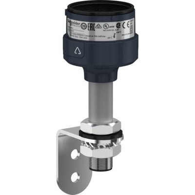 Schneider Electric XVU lystårnsfod Ø60mm i sort med L-beslag i metal og et 100mm rør, isoleret på hvid baggrund.