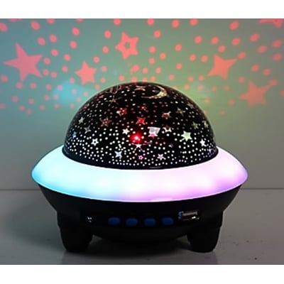 Veli Line Sky Star Music projektorlampe i sort ABS-plast, der viser en stjernehimmel effekt og farverig belysning.