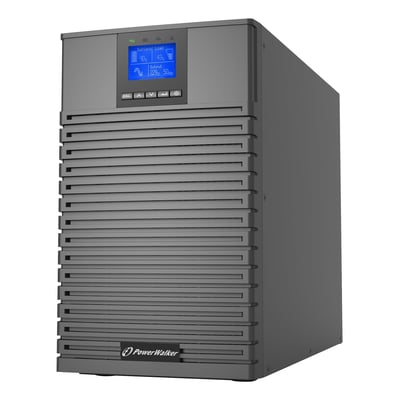 PowerWalker VFI 3000 ICT IoT UPS i mørkegrå med 3000VA/3000W kapacitet og digital skærm, set fra siden.