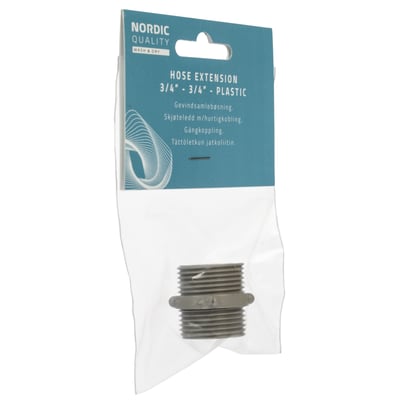 Nordic Quality gevindsamlebøsning i plast med 3/4" gevind, vist i original emballage med dansk og svensk tekst.