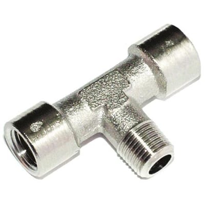 Metal T-stykke med tre tilslutninger til 1/4" rør, to indvendige og et udvendigt gevind.