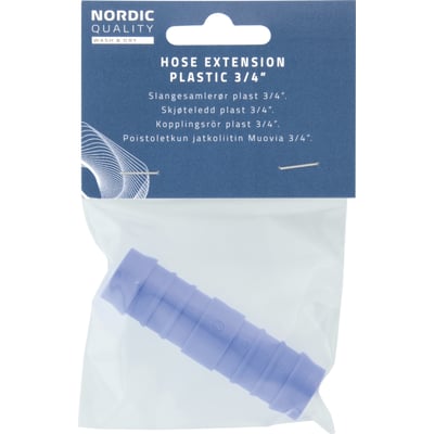Nordic Quality slangesamlerør i blå plast med 3/4" tilslutning, præsenteret i original emballage.