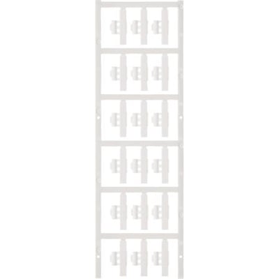 Weidmüller SlimFix Clip ledningsmærker i hvid plast viser en stribe af seks mærker med deres unikke clip-låseanordning på en neutral baggrund.