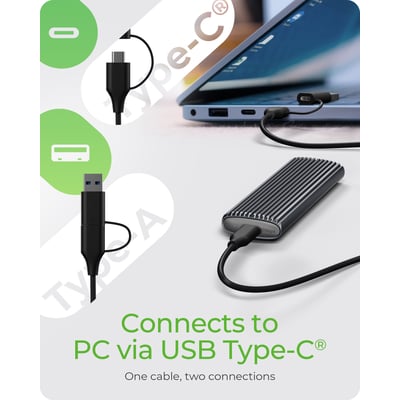 ICY Box M.2 NVMe- og SATA-SSD-kabinet med mørkt, rillet design og kabel med USB-C- og USB-A-stik.