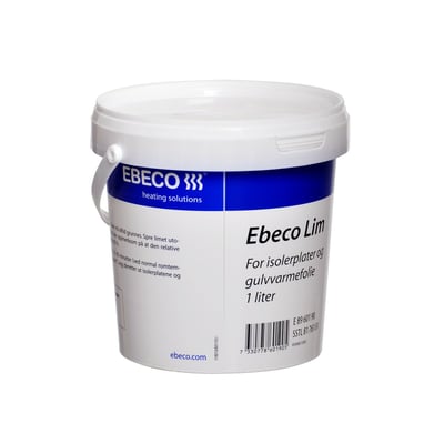 Siden af Ebeco Lim 1 liter spand, viser produktinformation og mærkat med stregkode og produktnavn.