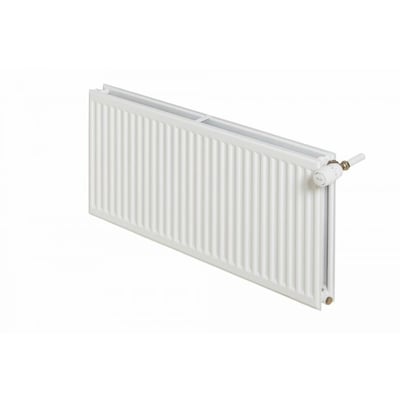 Stelrad Hygiene radiator H500 T30 L600 i hvid RAL 9016, vist med en hvid termostat og monteringsbeslag.