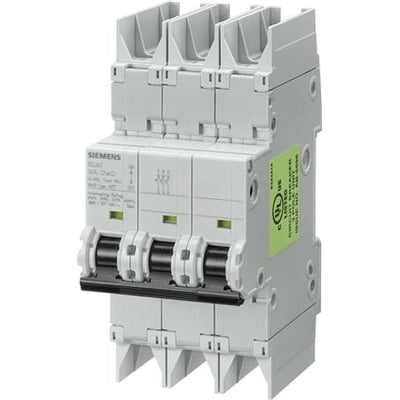 Siemens SENTRON 5SJ4-automatsikring med tre poler, gråt kabinet og sorte betjeningsgreb, set skråt forfra.