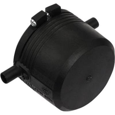 Georg Fischer ELGEF Plus el-slutmuffe 50mm, PN16 i sort PE100 materiale med tydelige svejseterminaler og rillede sider.