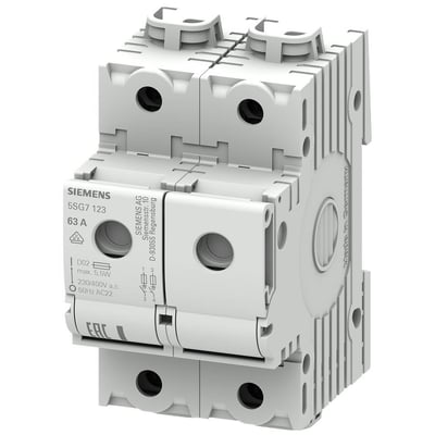 Siemens 2-polet sikringsafbryder type 5SG7 123 D02, 63A, 400V AC, fremstillet i Tyskland.