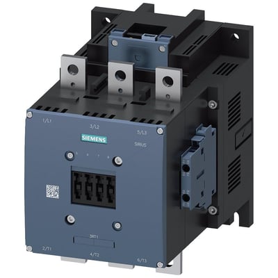 Siemens 3-polet strømkontaktor AC-1, 690A, 690V, model 3RT14, vist fra siden med tydelig mærkning af tilslutninger.