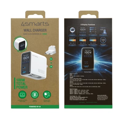 Emballagen til 4smarts GaN Flex Screen AI-opladeren viser den hvide 100 W oplader og dens funktioner.