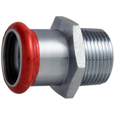 Unico forzinket overgangsnippel med 76,1 mm rørdimension og 2 1/2" gevind, vist med rød markering på pres-muffe.