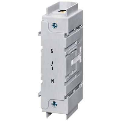 Siemens neutralklemme 3LD9 i grå plast til 160-250A, monteret på din-skinne med tydelig N-markering og afbrydersymbol.