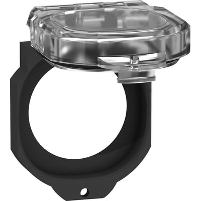 Transparent beskyttelsesdæksel ZBSP2 fra Schneider Electric med sort bagmontering, øger kapslingsklassen til IP65/67.