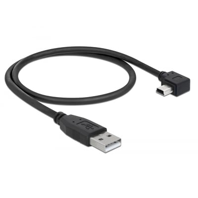 Sort Delock USB-A til USB Mini-B kabel på 0,5 meter med 90 graders vinkel på Mini-B stikket.