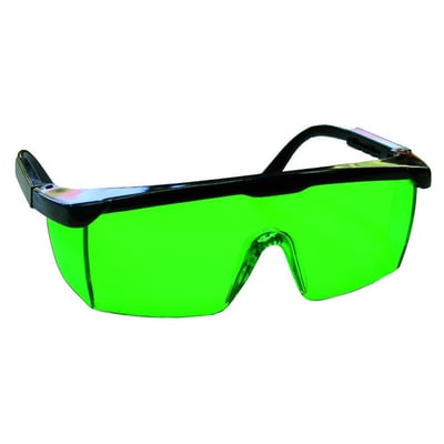 Nærbillede af Laserliner laserbriller med grønne linser og sort stel, fremhæver designet og materialet.