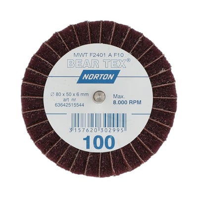 Norton Bear-Tex Clean and Blend lamelslibevift på skaft, 80 x 50 x 6 mm, set forfra med bordeauxrøde lameller.