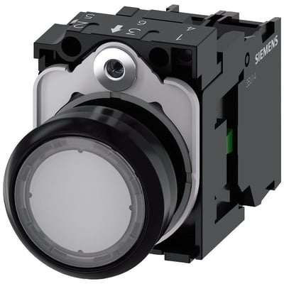 Siemens belyst trykknap 22mm rund i klar plast, med 1NO kontakt og 24V LED.