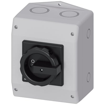 Siemens SENTRON 3LD2 hovedafbryder, 6-polet og 32 A, i gråt IP65-kabinet med sort drejegreb.
