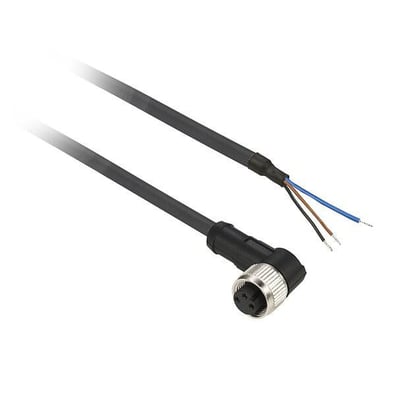 Tilslutningskabel fra Telemecanique Sensors, model XZCP0666L5J, med vinklet 3-polet M8-hunstik og frie ledningsender.