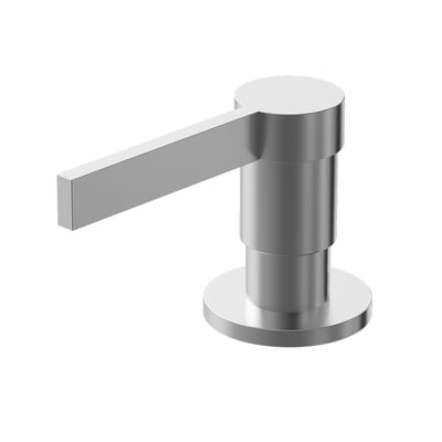 Lavabo Alkymist sæbedispenser i børstet rustfrit stål med lang, firkantet pumpearm set skråt forfra.