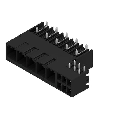 Weidmüller 5-polet hybridstik til printplade med sort hus og synlige metalben, set skråt ovenfra.