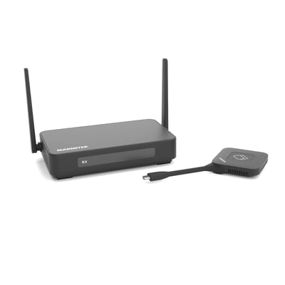 Marmitek Stream 4K Pro trådløst præsentationssystem med modtager med to antenner og USB-C-sender.