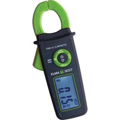 Elma 3037 tangamperemeter vist fra siden med en grøn kæbe og et digitalt display, der viser 6.95A, på en hvid baggrund.