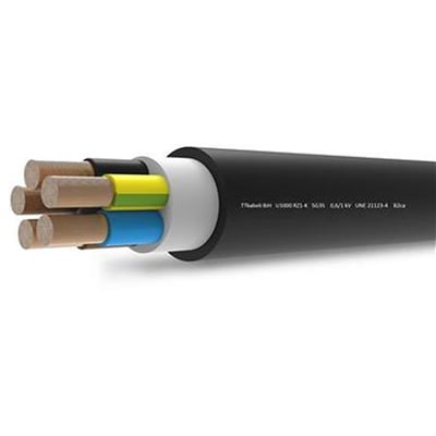 Kabel 5G35 RZ1-K flex, 500M, TR.SORT B2CA, viser de fem indre ledere med forskellige isolationsfarver og den sorte ydre kappe.