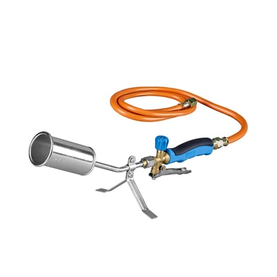 Tagbrændersæt med 1,5m slange, kort rør og Ø50mm brænder på hvid baggrund.