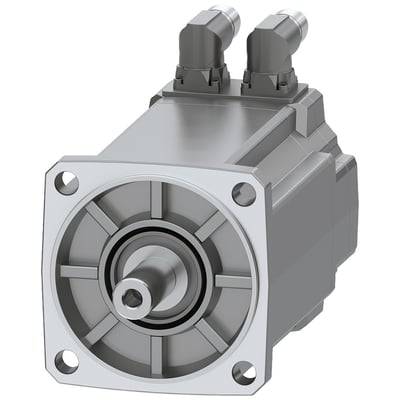 Siemens Simotics S-1FK2 HD servomotor med 5 Nm moment og cylindrisk aksel, vist fra fronten med to vinklede stik.
