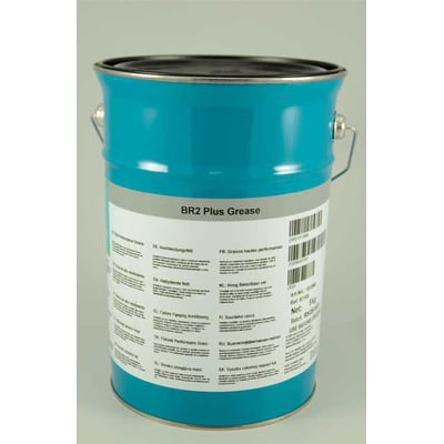 Turkis 5 kg spand med Molykote BR2 Plus Grease fedt, vist med etiket og metalhåndtag.