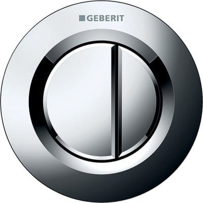Geberit Omega Remote 01 trykplade til dobbeltskyl, forkromet med to runde knapper i et rundt krom stel.