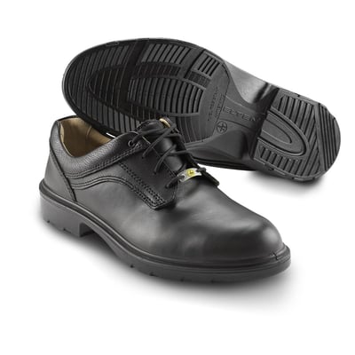 Sika Footwear Adviser S2 ESD arbejdssko i sort læder, str. 43, vist med sålen opad og forfra.