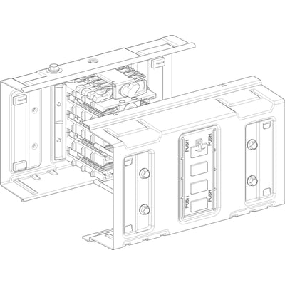Schneider Electric samlestykke KSA1000ZJ4, åbent vist med indvendige terminaler og 3L+N+PE polaritet på hvid baggrund.
