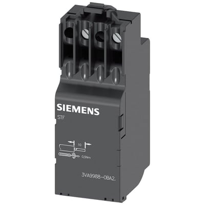 Siemens STF shuntudløsning 3VA9988-0BA2 i sort plast med skrueterminaler og monteringsdetaljer, til 208-277V AC.