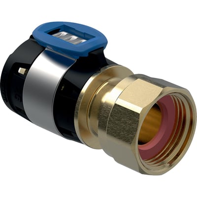 Geberit FlowFit overgang i blyfri siliciumbronze med blå presseindikator og 3/4" omløber til 16mm rør.