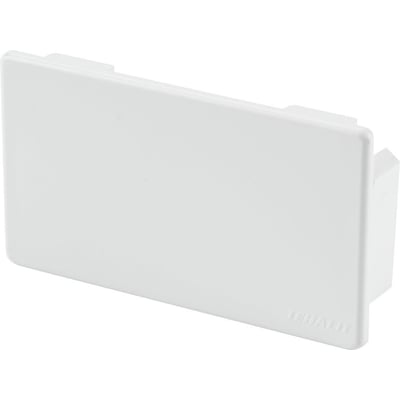 Nærbillede af Hager endestykke til FB 60110 installationskanal, visende den perlehvide plast og 'HAGER' logoet på siden.