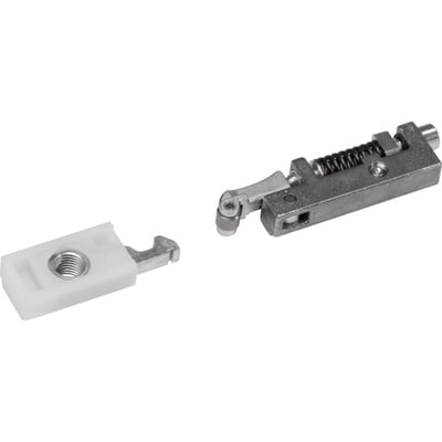 Dormakaba fastholdenhed RF til glideskinne G 96 N20 med 120° vinkel, vist som en metalmekanisme og løs hvid del.