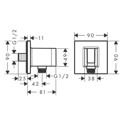 Teknisk tegning af Hansgrohe FixFit Porter Square slangeudtag med mål for G1/2" tilslutning og 90x90mm plade.